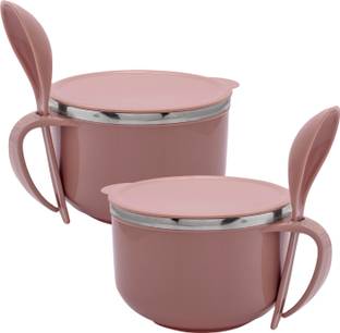 KUBER INDUSTRIES Stainless Steel Soup Bowl Noodle & Soup Bowl Set|Noodle Bowl with Spoon|600 ML|Pack of 2|Brown