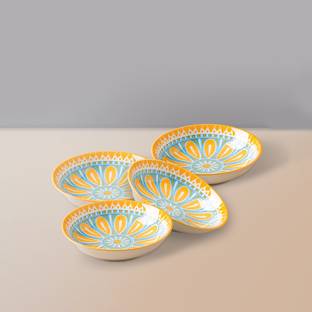 Nestasia Ceramic Serving Bowl Blue and Orange Floral Set of 4 Round Ceramic Plate For Snacks