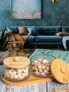 Avastro Glass Serving Bowl Bamboo Canister Set with Glass Lid and Wooden Glass Bowl with Lid 2pcs
