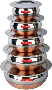 Redific Stainless Steel Copper Bottom Serving Handi, Cookware set of 5 Pieces with lid size 1.600 L, 1.200 L, 0.850 L, 0.650 L, 0.400 L (Copper, Stainless Steel, Non-stick) Non-Stick Coated Cookware Set