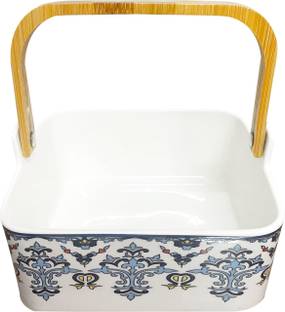 Lemon Tree Ceramic Serving Bowl Square Serving Basket Bowl with Wooden Handle