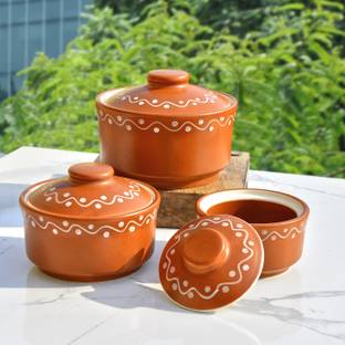 StyleMyWay Ceramic Serving Bowl Studio Pottery Handpainted Ceramic Serving Donga (Set of 3, Terracotta Brown) | Dinner Serving Bowl Set | Ceramic Kitchen Bowl Set