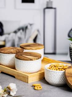 White Gold Ceramic Serving Bowl Ceramics Woody Bowl with Wooden Tray & Lid Set