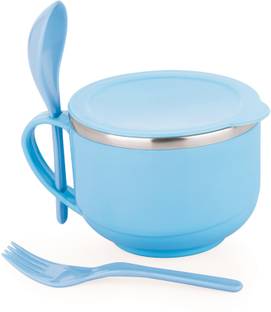 Nabhya Stainless Steel, Plastic Soup Bowl 650ml Insulated Steel Noodle & Soup Serving Mug Bowl with Lid & Spoon & Fork