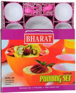 Bharat Plastic Dessert Bowl Lotus Pudding Set (Pink & White) - 13 Pcs (1 Serving Bowl,6 Small Bowl, 6 Spoons)