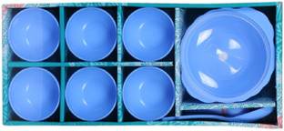 Bharat Plastic Dessert Bowl Honey Pudding Set (Blue) - 15 Pcs (1 Casserole+1 lid+6 Small Bowl+ 6 Spoons+1 Serving Spoon)