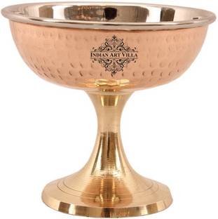IndianArtVilla Copper Dessert Bowl Steel Copper Ice Cream Bowl With Brass Stand, 140 ML,Tableware
