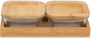 GOLDFINCH Glass, Wooden Serving Bowl Crystal Glass Candy Snack Bowl Set with Airtight Lid & Wooden Tray Snack