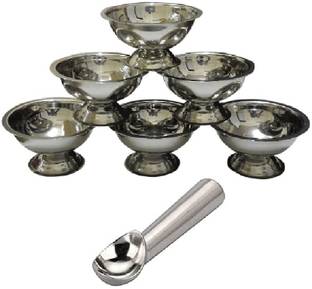 Dynore Stainless Steel Dessert Bowl 6 piece Ice-cream Cups set with heavy gauge ice cream scoop