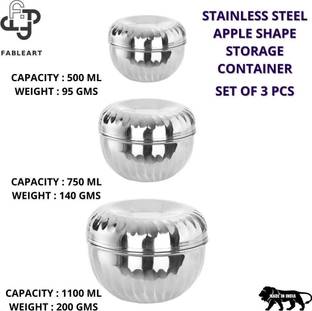 Fableart Stainless Steel Storage Bowl Fableart Stainless Steel Apple Shape Storage Containers/ Canister Set/ Puri Dabba/ Steel Dabbi/ Lid Bowl Set; 3 Pcs- 500ml, 750ml & 1100ml