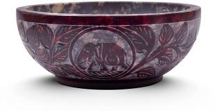 IYB Hand-Carved Natural Stone Bowl, Walking Elephant Carved Design Size 5” x 2” Red स्टोनवेयर डिस्पोज़ेबल डेकोरेटिव बाउल