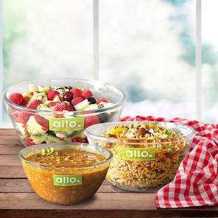 Allo Glass Mixing Bowl Oven & Microwave Safe Bowls, Dishwasher & Freezer Safe,1600ml, 2100ml & 2700ml