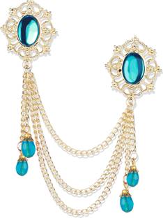 Panjatan Crownly Framed Neon Cyan Pearl and Hanging Crystal Brooch