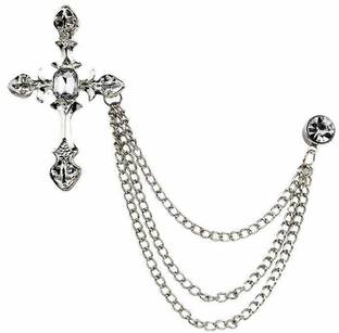 David Klein Cross Silver Mens Brooch Suit Pin with Gem Rhinestone Buckle Brooch Chain tassel Brooch