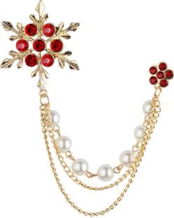 Voxon Snowflake Rhinestone Brooches, Hanging Chain Tassel Badge, Rose Gold (Red) Brooch