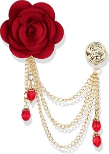 Panjatan Ravishing Red Pearl Toned Rose Golden Chain Pin Brooch