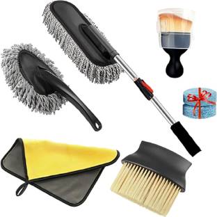 JHWOQU 5 pcs Car Duster with Long Handle Scratch & Lint Free Cleaning Brush car Cloth Microfibre Wet and Dry Brush