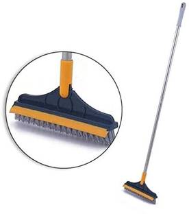 QUEVAN 2 in 1 Floor Scrub Brush With Long Handle Rotatable V-Shaped Squeegee Scraper Plastic Wet and Dry Brush