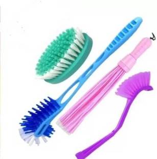 Mohprit Plastic Hard Bristle Broom Brush Toilet Cleaner Brush Set Of 4 Brush Plastic Wet and Dry Broom