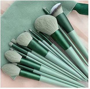 YELGO 13pc Makeup Brush soft fluffy pouch cosmetic makeup travel bag (green)