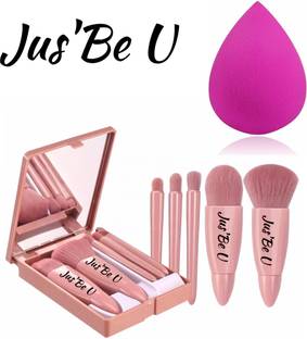 Jus’Be U Makeup Brush Applicator Set of 5 with Mirror & Pouch AND Makeup Blender Sponge