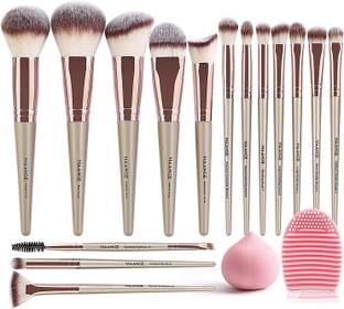 Maange Makeup Brushes 15 Pcs With 1 Makeup Sponge & 1 Brush Cleaner (Champagne)