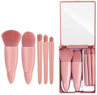 Dwiti Enterprise Travel Size 5 Mini Makeup Brushes Set with Mirror, Portable Cosmetic Brush Case
