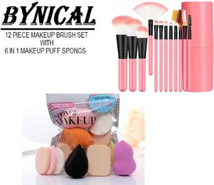 Bynical Professional 12 Piece Makeup Brush Set With Box + Soft 6 in 1 Makeup Sponge Pack
