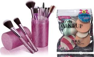 SKINPLUS 12 Pcs Pink Face & Eye Makeup Brush Set With Box + 6in1 Makeup Sponge Puff Pack