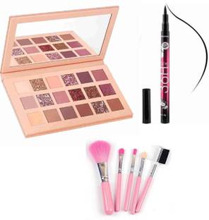 munix Makeup Brush 5 Piece Set With Eye shadow Palette 18 Multi Shades & 36H Eyeliner