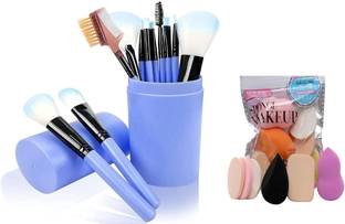 JBZ 12 Piece Face and Eye Makeup Brush With Barrel - Blue 6 in 1 Makeup puff