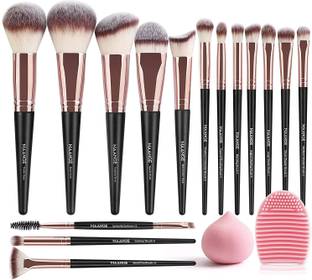 Maange Makeup Brushes set 15 Pcs with 1 Makeup Sponge & 1 Brush Cleaner (Black Gold)