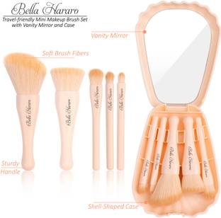 BELLA HARARO 5pcs Travel Makeup Brush Set Mini Cosmetic Brushes with Mirror Shell Case- Cream