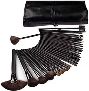 GLOW FIRST 24 pc Makeup Brush Set With Leather Pouch- black