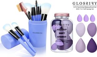 D-Top 12 Pieces Face & Eye Makeup Brush Set With Box + 7in1 Makeup Sponge set with Jar