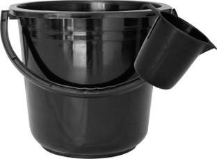 KUBER INDUSTRIES 2 Pieces Unbreakable Virgin Plastic Multipurpose Bathroom Bucket & Mug Set (Black) 16 L Plastic Bucket