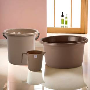Heart Home Tub-Bucket with Mug Bathroom Combo Set|Set of 3|Brown 25 L Plastic Bucket