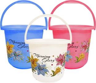 KUBER INDUSTRIES Floral Print 3 Pieces Unbreakable Strong Plastic Bathroom Bucket 16 Ltr (White & Blue & Pink) -CTKTC34877 16 L Plastic Bucket