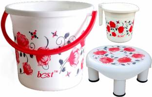 JSK Flower Printed Bathroom Set of 3 Pieces Mug 1.5 Liter with Stool & 18 L Plastic Bucket
