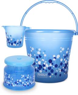 RATAN Frosty Bubble Print Blue Pack of 3 Bathroom Set (Bucket, Mug, Stool) 20 L Plastic Bucket