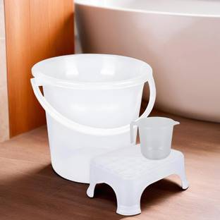 HOMESTIC Bucket-Stool-Mug Plastic Bathroom Combo Set|Set of 3|Transparent 18 L Plastic Bucket