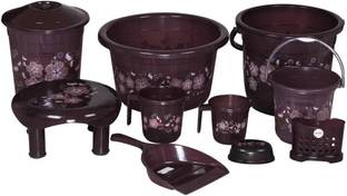 Ziasi Bathroom Set of 10, Balti 20L & 5L,Tub 22L, Dustbin 11L, 2pc Mug (Chocolate) 16 L Plastic Bucket