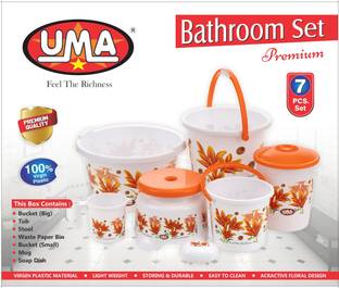 Vmk Plastic Bathroom Set 07 Pieces Heavy Duty, Large Capacity (Orange) 20 L Plastic Bucket