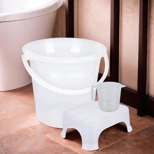 Heart Home Bucket-Stool-Mug Plastic Bathroom Combo Set|Set of 3|Transparent 18 L Plastic Bucket