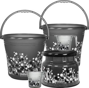 RATAN Frosty Bubble Print Grey Pack of 5 Bathroom Set ( Bucket ,Mug, Stool) 25 L Plastic Bucket