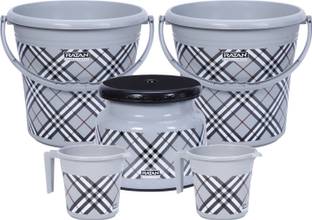 RATAN Frosty Checks Print Grey Pack of 5 Bathroom Set (Bucket, Mug, Stool) 20 L Plastic Bucket