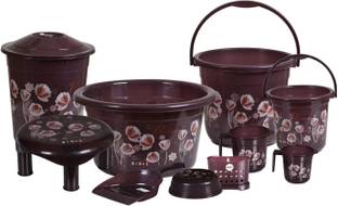 VeleSolv 10-Piece Plastic Bathroom Set – Bucket, Mug, Stool, Tub & Dustbin(Chocolate) 16 L Plastic Bucket