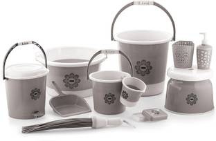 Liza 11 pcs Bathroom Accessories Set Plastic Bath Set Bathroom Bucket, Mug, Stool, Soap Case, Tub and Dustbin 11 Piece Combo Set for Home, Kitchen & Bathroom (Gray) 52 L Plastic Bucket