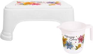 KUBER INDUSTRIES Printed 2 Pieces Unbreakable Virgin Plastic Multipurpose Bathroom Stool & Mug Set (White) 1 L Plastic Bucket