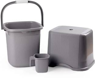 NAYASA Rimmy 3 Pcs Bath Set | Sturdy & Durable | Bkt 25 L+Mug 1.5 L+Stool Medium | 25 L Plastic Bucket